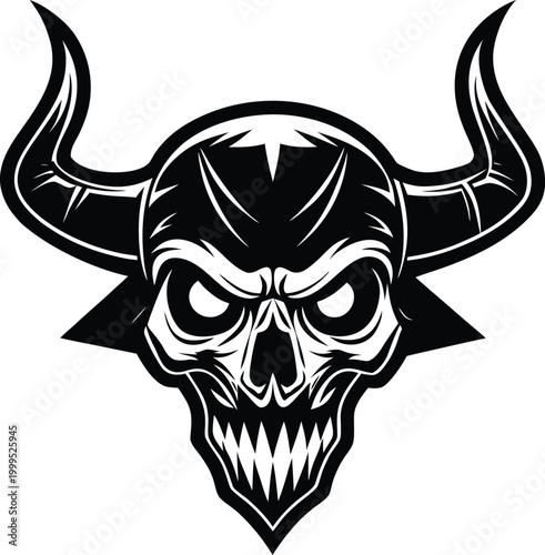 Aggressive skull with large horns for sports team mascot or heavy metal music band devil demon monster