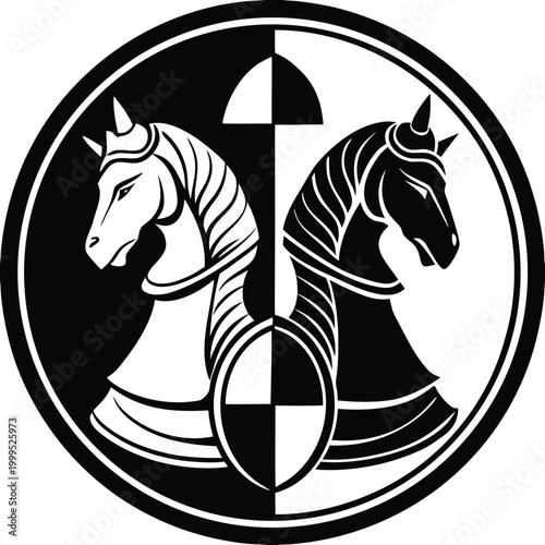 Chess knight horse emblem featuring split black and white shield motif for strategy game branding