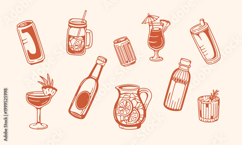 Summer Drink line illustrations featuring cocktails, juices and refreshing beverages in pastel tones, perfect for menu design, branding, packaging and seasonal prints