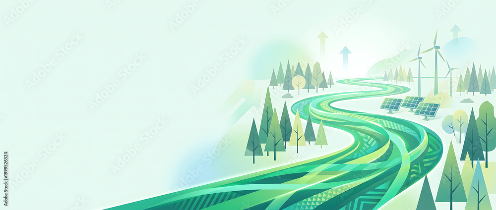 Fototapeta premium A winding green energy road meanders through forests with wind turbines and solar panels