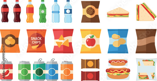 Snack and Beverage Collection with Soft Drinks Bottles Chips Sandwiches and Packaged Snacks for Food and Beverage Design