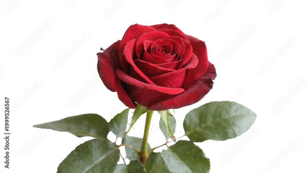 Naklejka premium Vibrant crimson Rose blossom with green foliage and stem