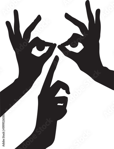 Three hands making face with fingers as eyes and mouth black white illustration.