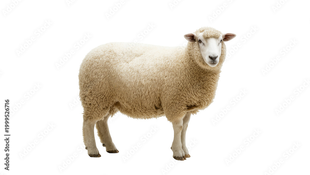 Fototapeta premium Fluffy Creamy Woolly Sheep Standing in Profile