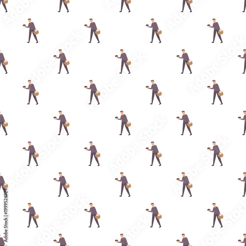 Repeat pattern featuring a person foraging for mushrooms, holding a basket
