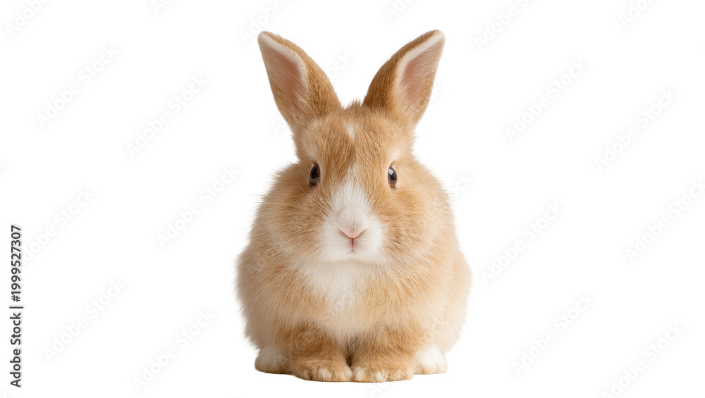 Fototapeta premium Tan fluffy rabbit with long ears and pink nose facing forward