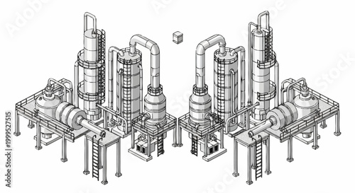 Photos Industrial chemical plant with distillation columns and reactors, isometric view