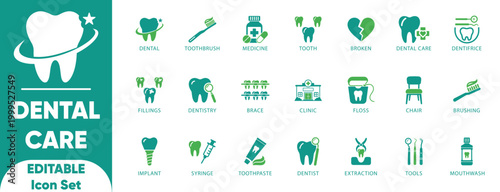 Dental Care Solid Icon Set. inspect, teeth, dental, dentistry, brushing, medicine, dentist, braces, floss, implant, clinic, and solid icons.