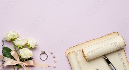 A bouquet of white roses with a pink ribbon and a ring on a pink background.