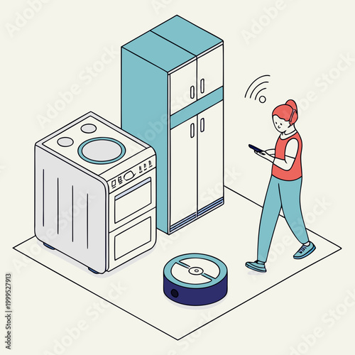 Man using smartphone with smart home appliances