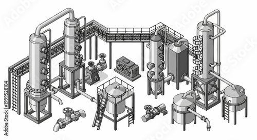 Industrial chemical plant equipment with distillation columns and tanks, isometric illustration.
