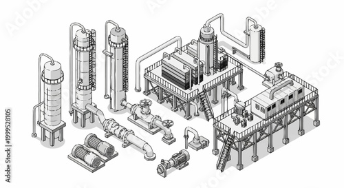 Isometric illustration of industrial equipment and machinery, including pumps, pipes, and distillation columns.
