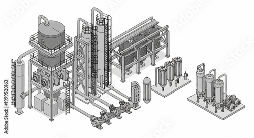 Industrial water treatment plant with pumps, tanks, and filtration systems.