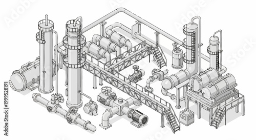 Industrial plant with complex piping, towers, and machinery, depicted in a detailed isometric line drawing.