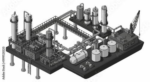 Detailed 3D illustration of an offshore oil and gas processing platform with complex piping and machinery.