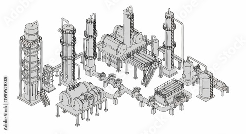 Industrial plant schematic illustration with various machinery and structures.