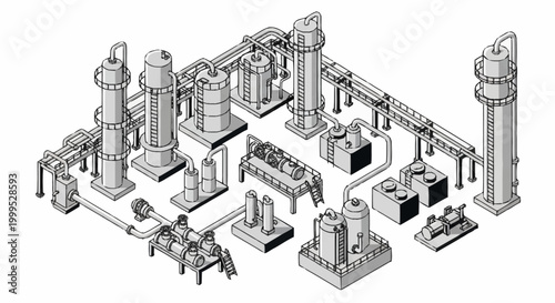 Isometric illustration of a complex industrial chemical plant with distillation towers and pipelines.