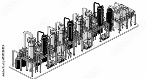 Foto Industrial chemical processing plant with multiple distillation columns and tanks