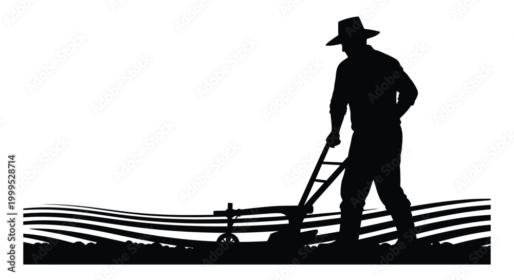 Fototapeta premium Farmer with lawnmower on grassy field black silhouette high quality professional