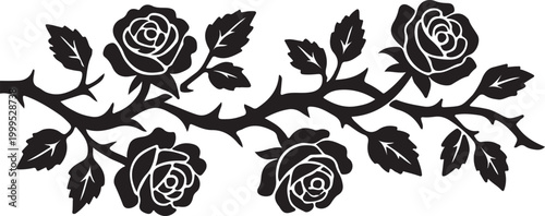 Horizontal branch design with beautiful blooming roses and sharp thorns in ink style.