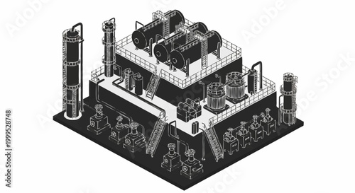 Isometric illustration of an industrial oil and gas processing plant with complex machinery and structures.
