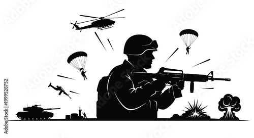 Soldier with rifle and parachutists military combat scene silhouette high quality