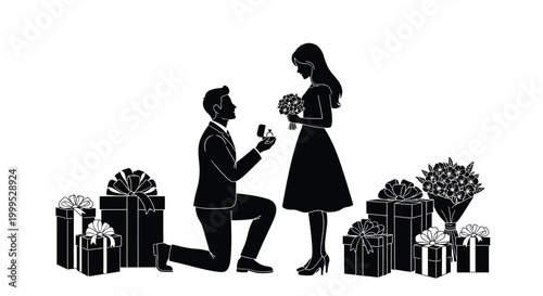 Couple getting engaged with gifts black and white silhouette high quality