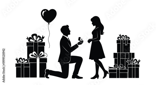 Couple proposing with gifts and balloons black silhouette high quality professional