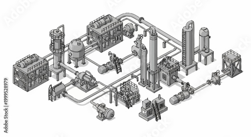 Isometric illustration of a complex industrial plant with various machinery and pipelines.