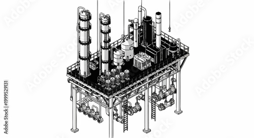 Detailed isometric illustration of an industrial oil refinery processing plant with distillation columns and complex pipework.