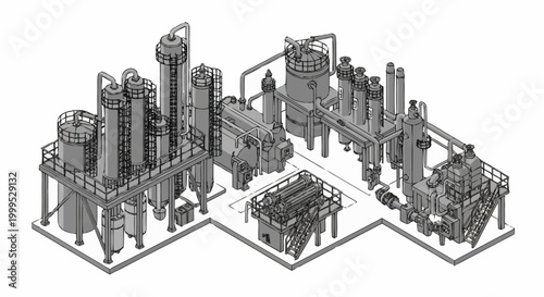 Industrial chemical plant with complex machinery and piping systems, rendered in isometric view.