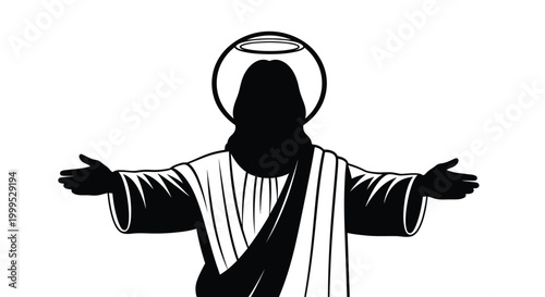 Jesus christ silhouette with open arms and halo black on white silhouette