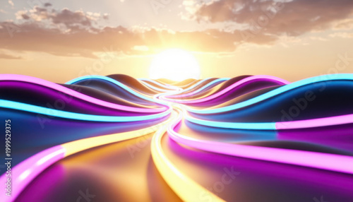 vibrant waves of neon colors flowing across a landscape. The setting captures a sunset, reflecting light on the colorful waves and enhancing the atmosphere.