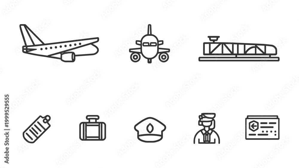 Fototapeta premium Aviation and Travel Icon Set: A collection of meticulously crafted, minimalist line art icons representing the various elements of air travel.