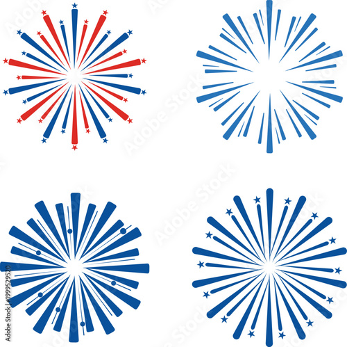 Firework Explosions in Blue and Red, Vibrant firework bursts in blue and red hues. Colorful explosive designs for festive occasions. Celebratory patterns and shapes.