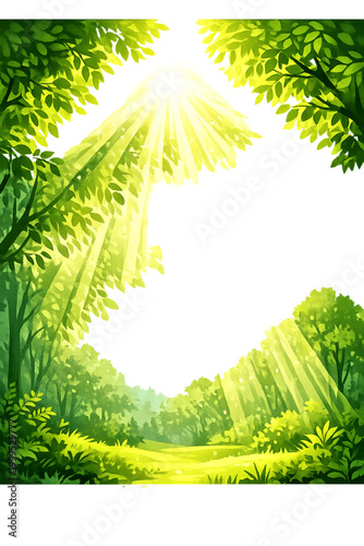 sunlit forest clearing with glowing rays, magical woodland landscape illustration, tall trees surrounding a bright open clearing, golden sunlight beams filtering through dense leaves, soft mist in the