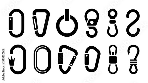 Set of various carabiner icons climbing hooks connectors with carabiner connector climbing equipment