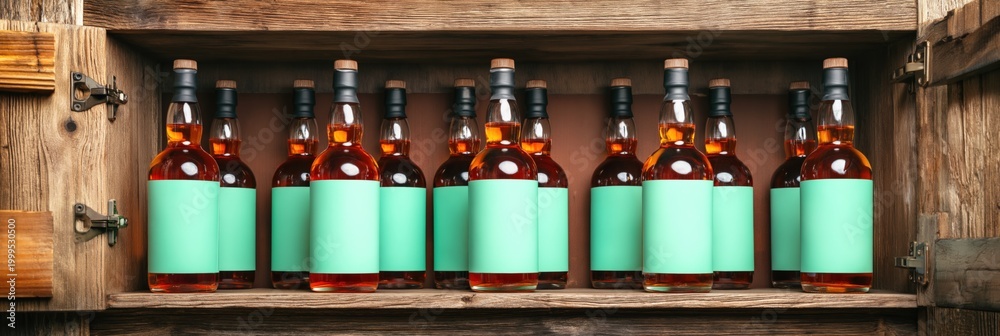 Fototapeta premium Whisky bottles lined in rustic wooden crate shelf store display