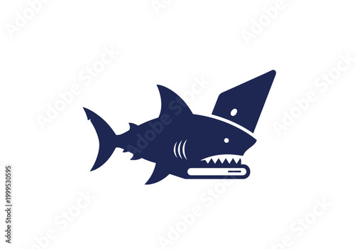 Minimalist navy blue shark silhouette icon on white background