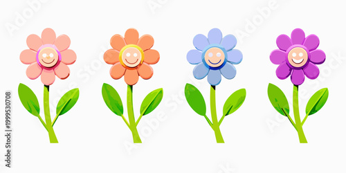 Four colorful flowers with smiling faces vector illustration