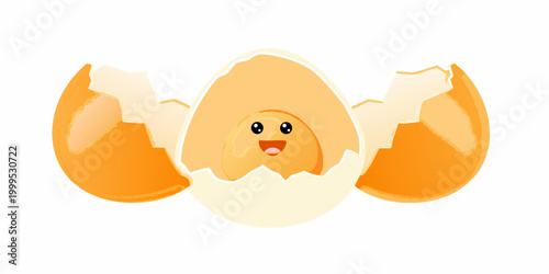 Cute anthropomorphic fried egg hatching from shell vector illustration