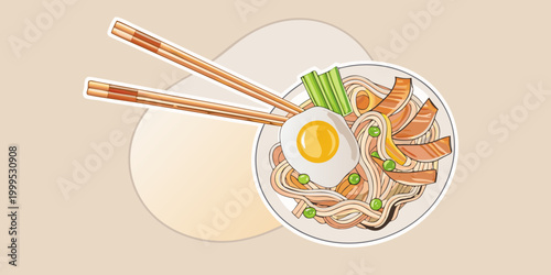 Noodles with chopsticks and egg colorful digital illustration