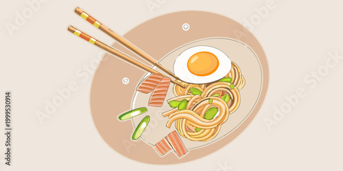Noodles with chopsticks and fried egg colorful illustration
