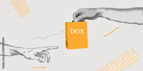 Hands reaching for a cardboard box artistic illustration
