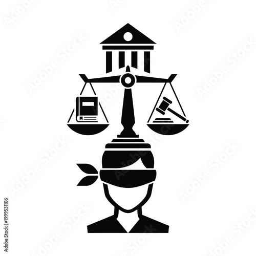 Justice system conceptual vector icon, blindfolded person with scales of justice and law book, court house and gavel silhouette, legal equality and fair trial symbol for advocacy