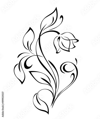 decorative element with a stylized flower on a stem with leaves and curls; graphic design