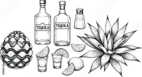 Tequila Bottle Agave Plant and Shot Glasses with Lime and Salt for Cocktail and Drink Illustration