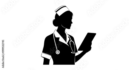 Tableau sur toile Nurse, medical professional, healthcare worker, silhouette icon, black vector gr