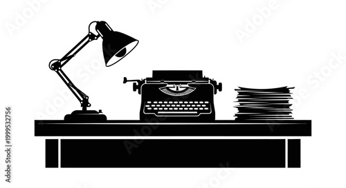 Vintage typewriter, desk lamp, and books, office workspace, writing tools, black silhouette