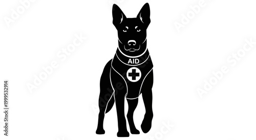 Black service dog, assistance dog, medical alert dog, aid dog, vector illustration